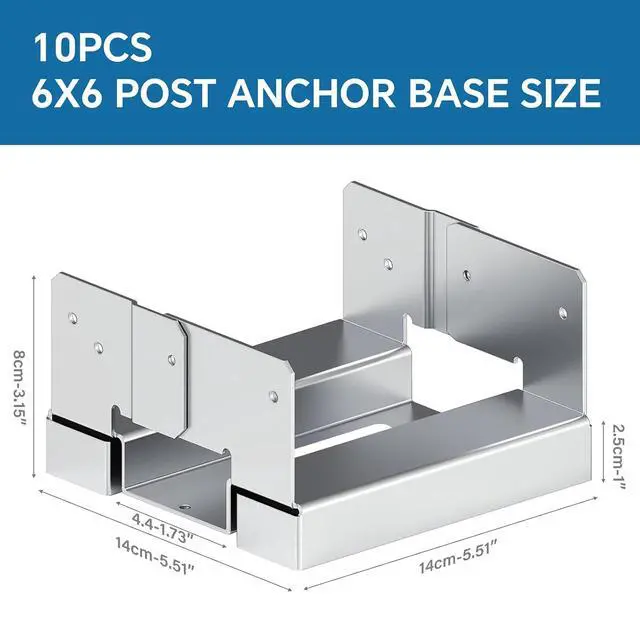Alt view image 4 of 7 - 6x6 Galvanized Post Base for Concrete, 10 Pack Post Deck Base Anchor for 5.5x5.5 Wood, Post Base Holder with 1" Standoff for Deck Gazebo, Pergola, Porch, Includes 10 Fastener & 100 Screws