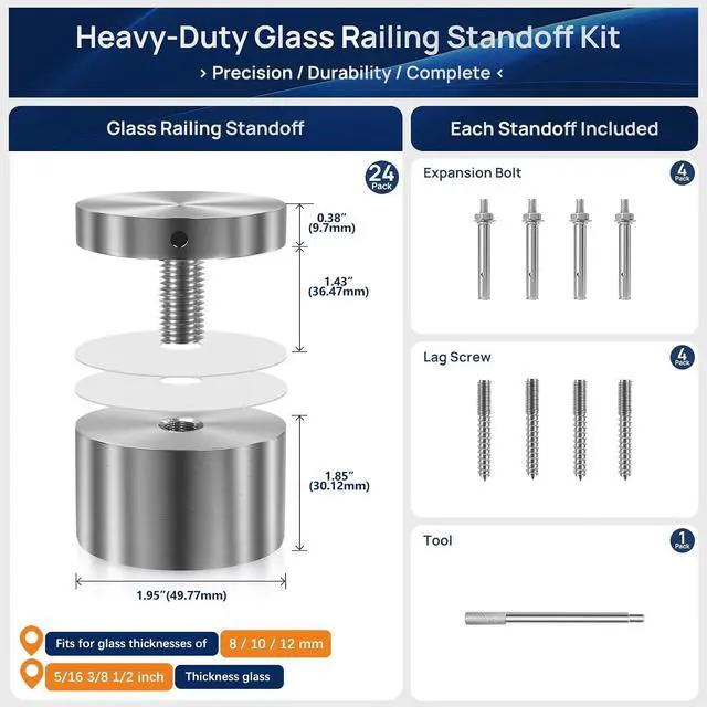 Alt view image 4 of 7 - 24 Pack Marine-Grade SS316 Solid Heavy Duty Glass Railing Standoff