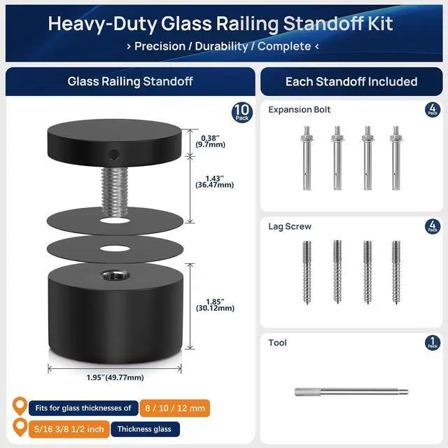 Alt view image 5 of 7 - 10 Pack Marine Grade SS316 Solid Heavy Duty Glass Railing Standoff