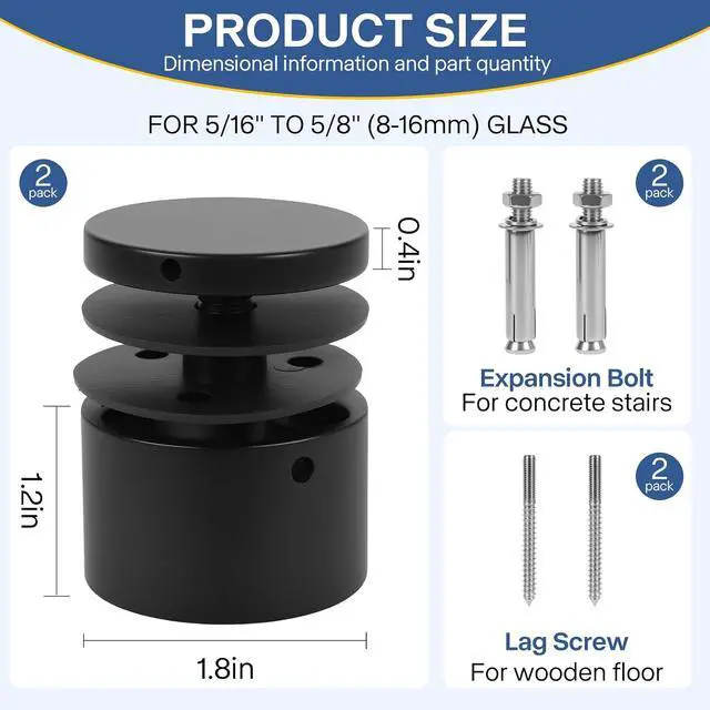 Alt view image 2 of 7 - Glass Railing Standoff - 12 Pack Marine Grade SS316 Innovative Matte Black Standoffs for Balcony Stair Railing Modern Design Clamp Comes with Mounting Wrench
