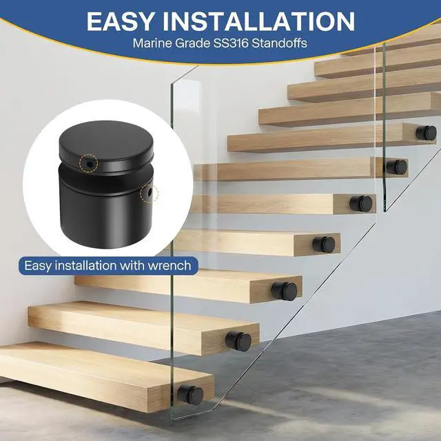 Alt view image 7 of 7 - Glass Railing Standoff - 12 Pack Marine Grade SS316 Innovative Matte Black Standoffs for Balcony Stair Railing Modern Design Clamp Comes with Mounting Wrench