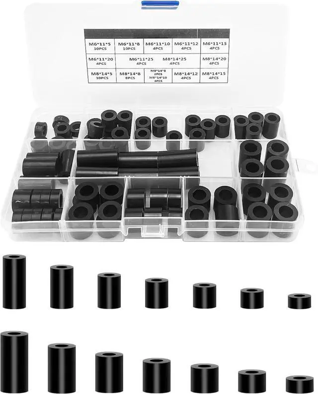 Main image of 80pcs ABS Round Spacer Washer Assortment Kit, Standoff Mounts for M6 M8 Screws, Nylon Non Threaded Column Support Spacers with Plastic Box (Black)
