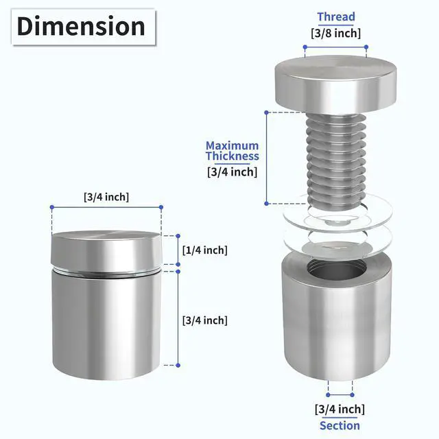 Alt view image 2 of 7 - 50-Pack Standoff Screws (3/4 in. Dia x 3/4 in. L), Stainless Steel Standoff Mounting Hardware for Acrylic Signs, Silver