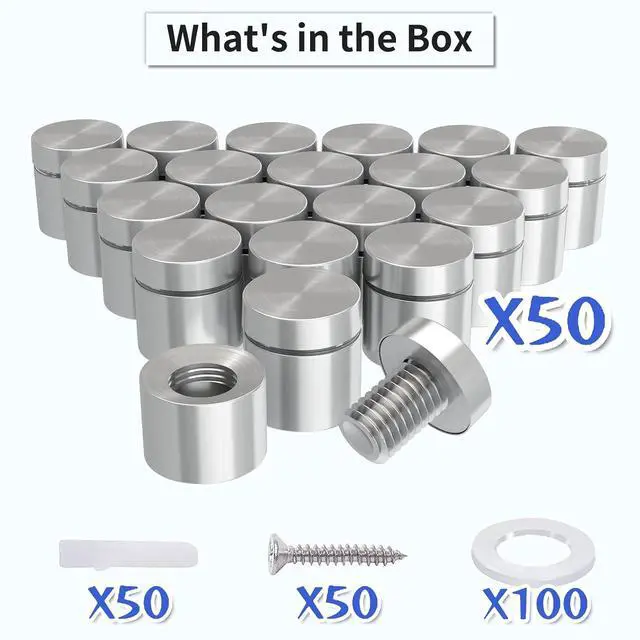 Alt view image 3 of 7 - 50-Pack Standoff Screws (3/4 in. Dia x 3/4 in. L), Stainless Steel Standoff Mounting Hardware for Acrylic Signs, Silver