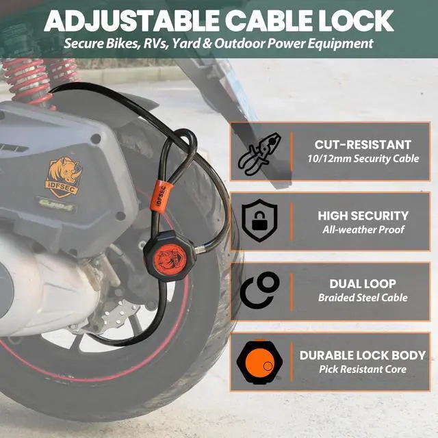 Alt view image 3 of 7 - Heavy Duty Adjustable Cable Lock - 5' x 1/2" Security Cable with Dual Cinch, 4 Keys, All-Weather Protection for Bikes, Scooters, ATVs, Generators, Ladders, Tools & Outdoor Equipment