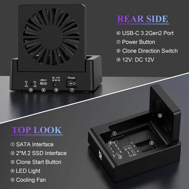 Alt view image 2 of 7 - M.2 NVMe & SATA Hard Drive Docking Station, USB C 10Gbps Hard Drive cloner for M.2 PCIe NVMe + SATA 2.5/3.5 HDD Converter, Offline Cloning, Tool-Free, Cooling Fan