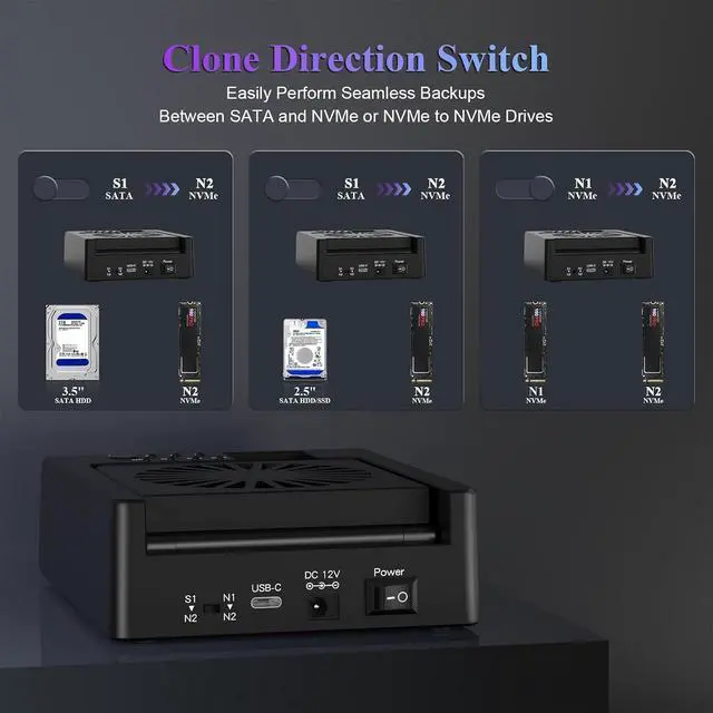 Alt view image 3 of 7 - M.2 NVMe & SATA Hard Drive Docking Station, USB C 10Gbps Hard Drive cloner for M.2 PCIe NVMe + SATA 2.5/3.5 HDD Converter, Offline Cloning, Tool-Free, Cooling Fan