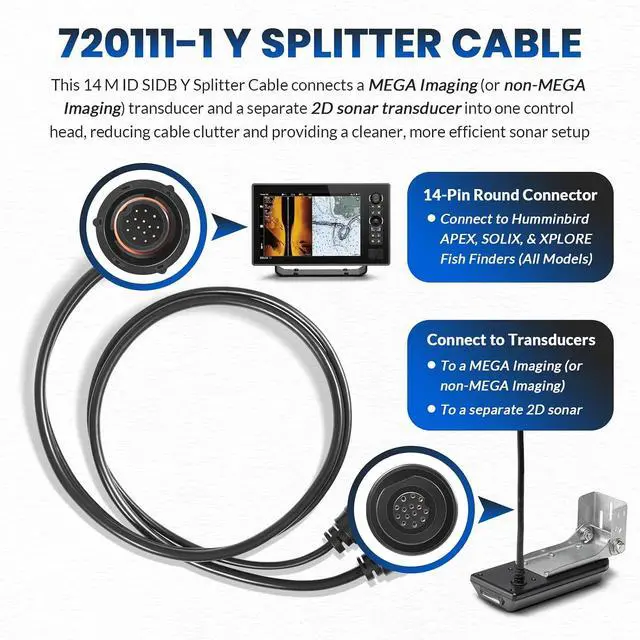 Alt view image 4 of 7 - 14 M ID SIDB Y Splitter Cable 720111-1 for Humminbird SOLIX/APEX/XPLORE Fish Finders, Connects Side Imaging & 2D Transducers, Supports Airmar Transducer ID, 30-Inch Marine-Grade Y Splitter Cable
