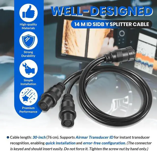 Alt view image 5 of 7 - 14 M ID SIDB Y Splitter Cable 720111-1 for Humminbird SOLIX/APEX/XPLORE Fish Finders, Connects Side Imaging & 2D Transducers, Supports Airmar Transducer ID, 30-Inch Marine-Grade Y Splitter Cable
