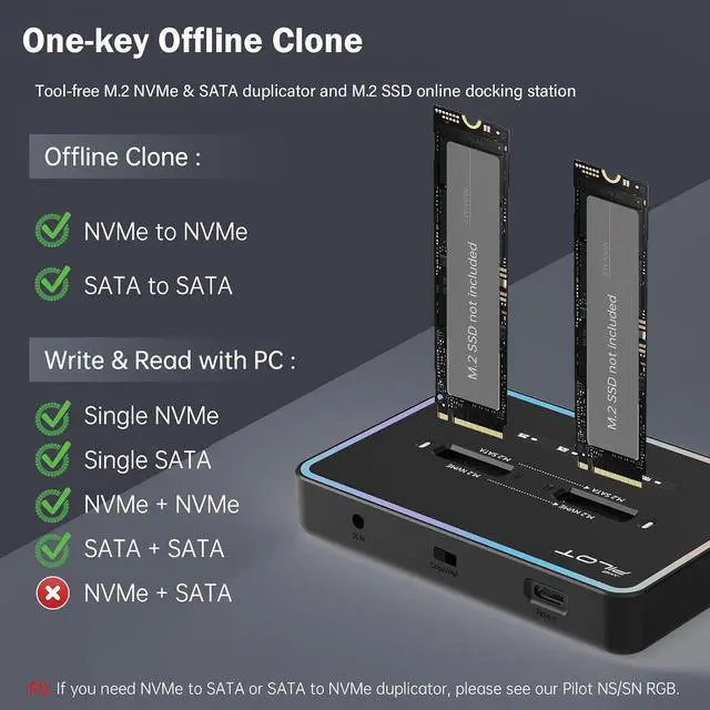Alt view image 2 of 7 - M.2 Duplicator Cloner Dual-Bay Offline USB C to NVME SATA Docking Station, M.2 Reader 20Gbps for Both (M Key, B+M Key) PCIE NGFF Dock, Size 22110 2280 2260 2242 2230 Enclosure - NN/SS RGB