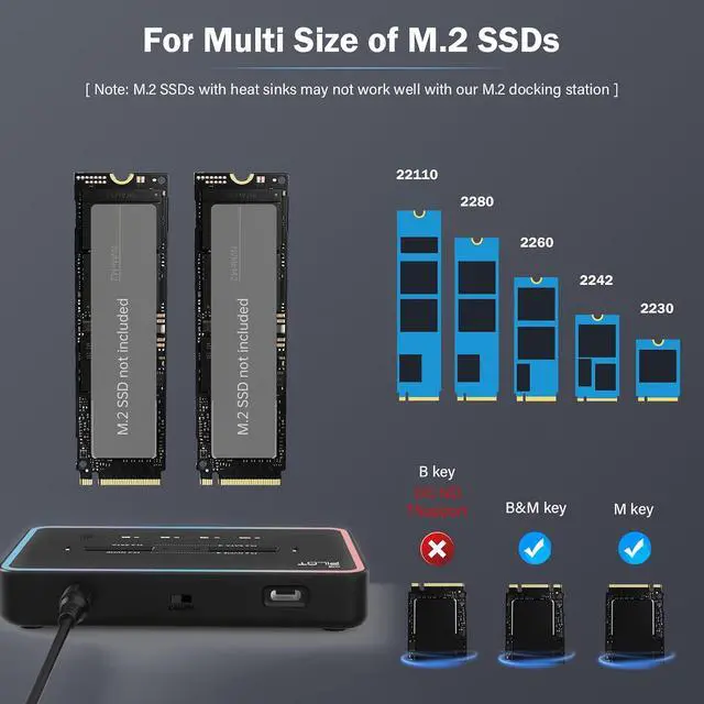 Alt view image 3 of 7 - M.2 Duplicator Cloner Dual-Bay Offline USB C to NVME SATA Docking Station, M.2 Reader 20Gbps for Both (M Key, B+M Key) PCIE NGFF Dock, Size 22110 2280 2260 2242 2230 Enclosure - NN/SS RGB