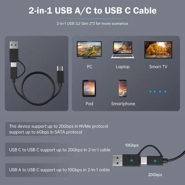 Alt view image 6 of 7 - M.2 Duplicator Cloner Dual-Bay Offline USB C to NVME SATA Docking Station, M.2 Reader 20Gbps for Both (M Key, B+M Key) PCIE NGFF Dock, Size 22110 2280 2260 2242 2230 Enclosure - NN/SS RGB