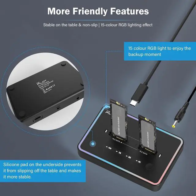 Alt view image 7 of 7 - M.2 Duplicator Cloner Dual-Bay Offline USB C to NVME SATA Docking Station, M.2 Reader 20Gbps for Both (M Key, B+M Key) PCIE NGFF Dock, Size 22110 2280 2260 2242 2230 Enclosure - NN/SS RGB