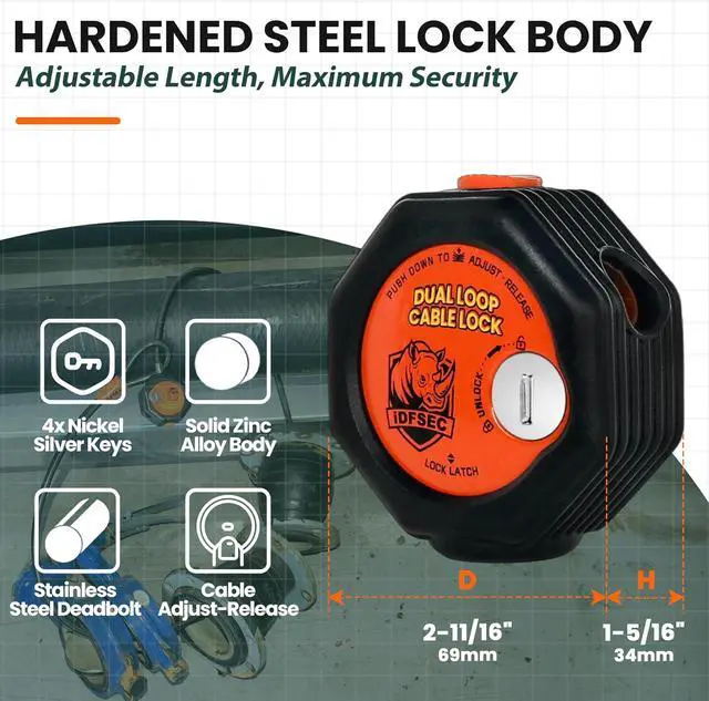 Alt view image 4 of 7 - Heavy Duty Adjustable Cable Lock - 5' x 1/2" Security Cable with Dual Cinch, 4 Keys, All-Weather Protection for Bikes, Scooters, ATVs, Generators, Ladders, Tools & Outdoor Equipment