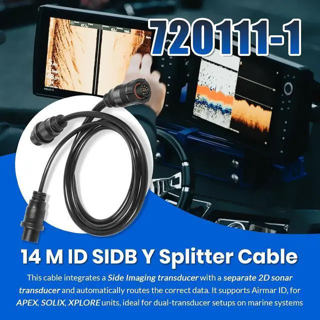 Alt view image 2 of 7 - 14 M ID SIDB Y Splitter Cable 720111-1 for Humminbird SOLIX/APEX/XPLORE Fish Finders, Connects Side Imaging & 2D Transducers, Supports Airmar Transducer ID, 30-Inch Marine-Grade Y Splitter Cable