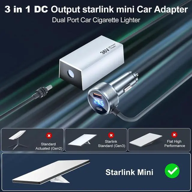Alt view image 2 of 7 - Starlink Mini Car Adapter, Car Charger 12V/24 to 36V Step Up Converter Starlink Accessories, 1M/3.2ft Mini Cigarette Lighter Adapter for RV Truck/RV/Car, USB-C 45W/USB-A 18W Dual Ports