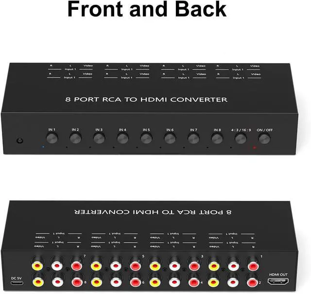 Alt view image 2 of 6 - 8Port AV to HDMI Converter Adapter Support 16:9/4:3 Switch for Wii/N64/PS1/PS2/PS3/VHS/VCR/DVD Players etc (8Port RCA in to 1 HDMI Converter with IR Remote)