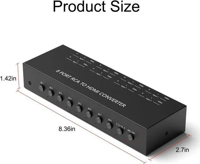 Alt view image 5 of 6 - 8Port AV to HDMI Converter Adapter Support 16:9/4:3 Switch for Wii/N64/PS1/PS2/PS3/VHS/VCR/DVD Players etc (8Port RCA in to 1 HDMI Converter with IR Remote)