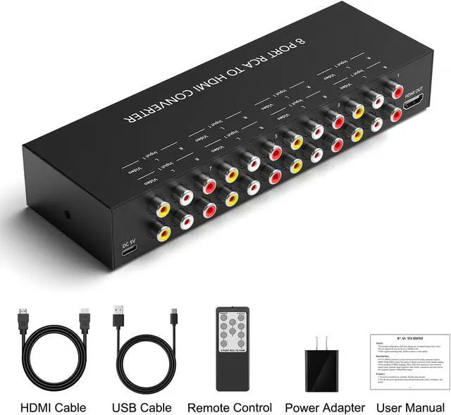 Alt view image 6 of 6 - 8Port AV to HDMI Converter Adapter Support 16:9/4:3 Switch for Wii/N64/PS1/PS2/PS3/VHS/VCR/DVD Players etc (8Port RCA in to 1 HDMI Converter with IR Remote)