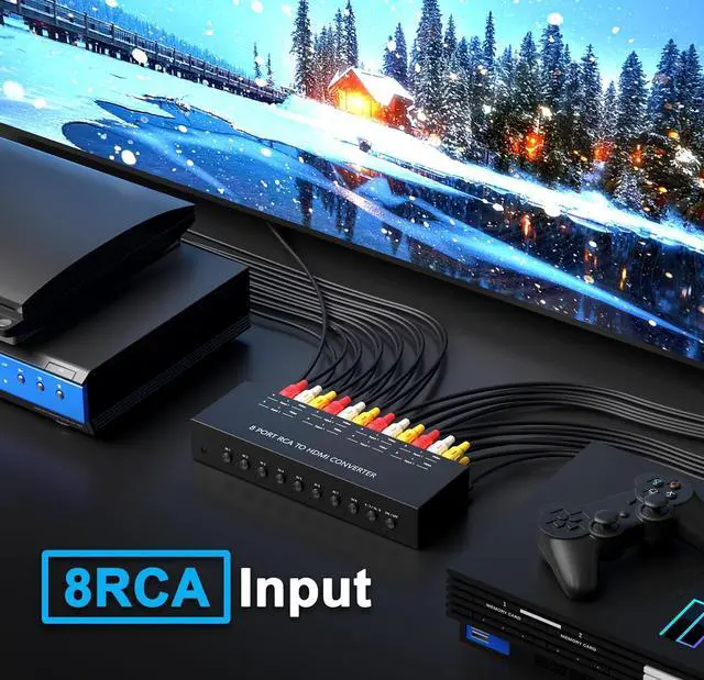 Alt view image 4 of 6 - 8Port AV to HDMI Converter Adapter Support 16:9/4:3 Switch for Wii/N64/PS1/PS2/PS3/VHS/VCR/DVD Players etc (8Port RCA in to 1 HDMI Converter with IR Remote)