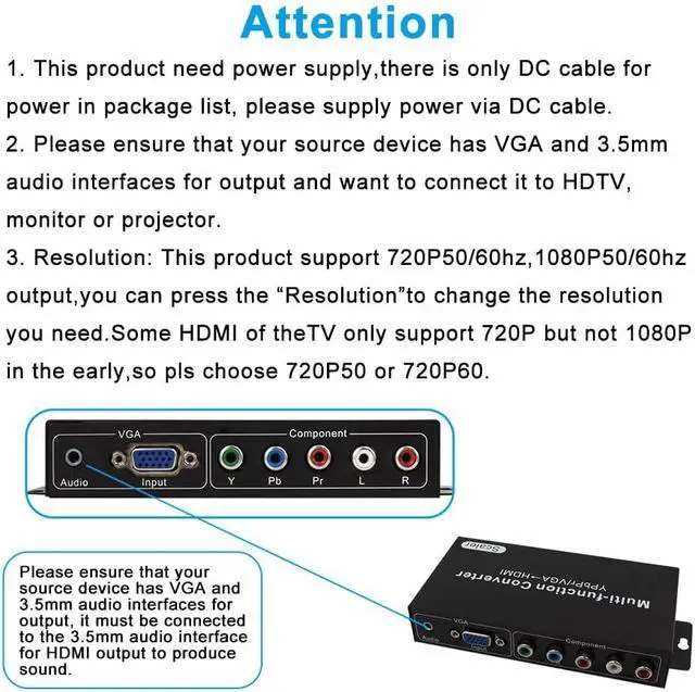 Alt view image 2 of 6 - YPbPr RGB/ 5 RCA Component/VGA to HDMI Converter with Audio3.5mm- PC to HDMI,Support 1080p 60/50Hz,720p 60/50Hz Scaler Converter for PC Laptop Display Computer Projector