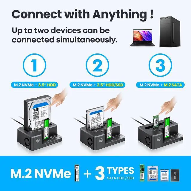 Alt view image 3 of 7 - M.2 NVMe & SATA HDD Hard Drive Docking Station, USB-C 10Gbps NVMe Reader, SATA to NVMe M.2 Cloner, 3.5/2.5 inch SATA SSD Enclosure Clone Station, Dual Bay Offline Clone