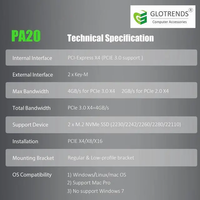 Alt view image 7 of 7 - PA20 Dual M.2 NVMe to PCIe 3.0 X4 Adapter with PCIe Bifurcation, Setup Soft M.2 NVMe RAID via OS Tool (Support 22110/2280 Size)