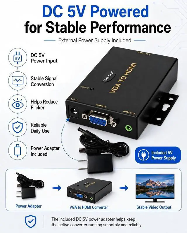 Alt view image 7 of 7 - VGA to HDMI Converter with Audio, One-Way VGA Source to HDMI Display Adapter, 1080P Active Converter, DC 5V Powered, 3.5mm Audio Input, for HDTV, Monitor and Projector