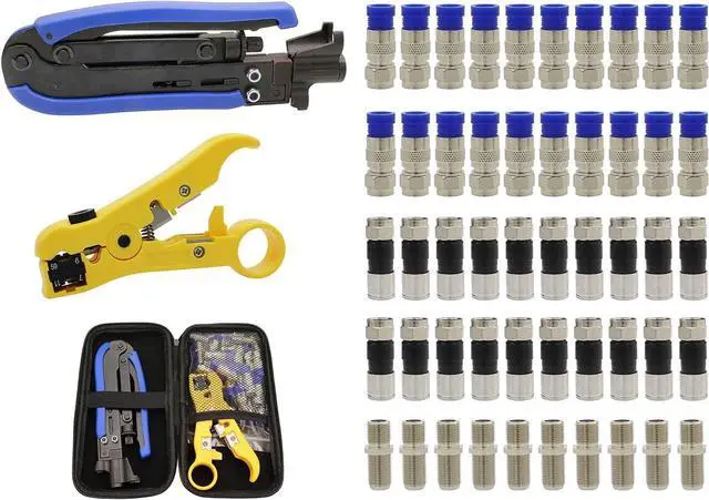 Main image of Professional Coax Cable Crimper Kit RG6/RG59/RG11 Compression Tool with Wire Stripper, 50-Pack F-Type Connectors & Storage Bag Coaxial Cable Tool Set for TV, Satellite, CCTV & Home Network