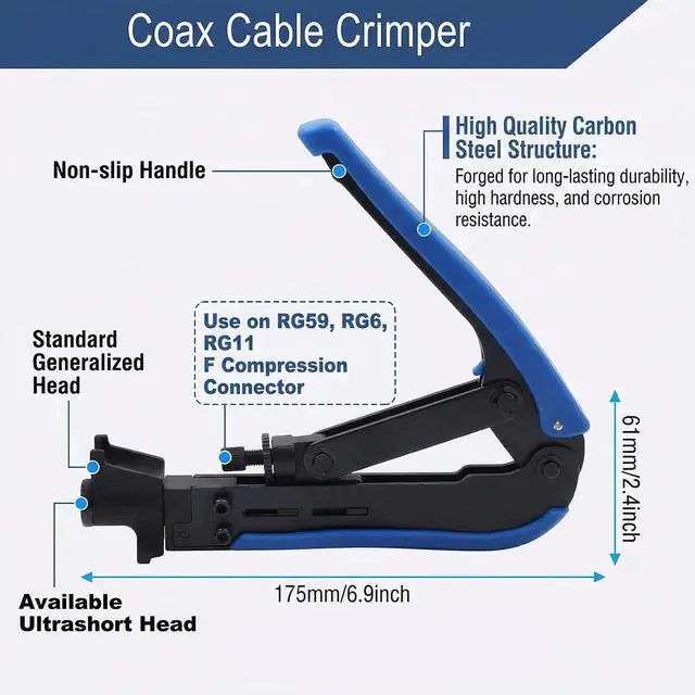 Alt view image 2 of 7 - Professional Coax Cable Crimper Kit RG6/RG59/RG11 Compression Tool with Wire Stripper, 50-Pack F-Type Connectors & Storage Bag Coaxial Cable Tool Set for TV, Satellite, CCTV & Home Network