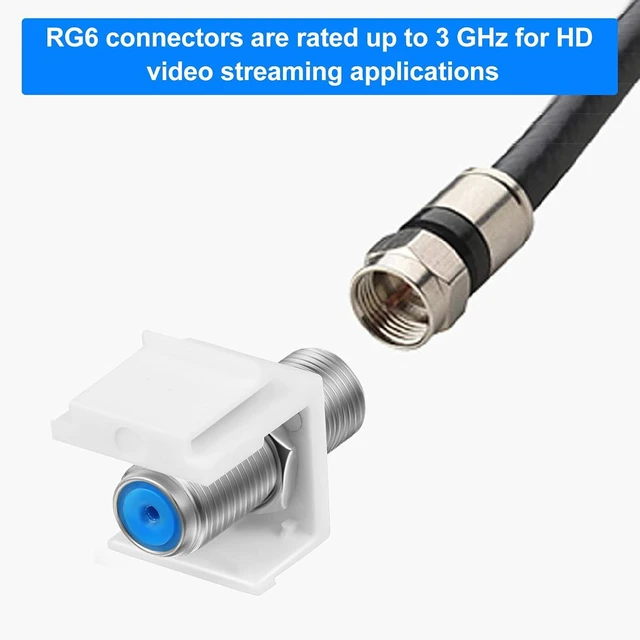 Alt view image 3 of 7 - 300 Pcs F-Type RG6 Coaxial Cable Connectors, Trapezoidal Keystone Jack Inserts, Blue Inner Core Female to Female, Screw-Type for Wall Plate (Silver)