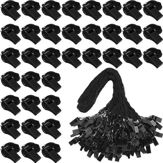 Main image of 200 Pack Plastic Whistles with Lanyard Bulk Black Coach Whistles Referees Whistles Loud Crisp Sound Whistles for School Student Training Emergency Sports Party Fillers