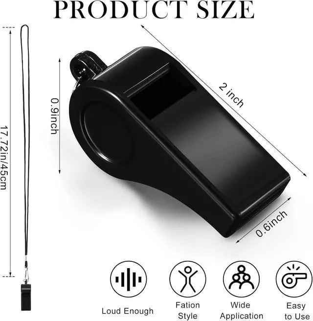 Alt view image 2 of 7 - 200 Pack Plastic Whistles with Lanyard Bulk Black Coach Whistles Referees Whistles Loud Crisp Sound Whistles for School Student Training Emergency Sports Party Fillers