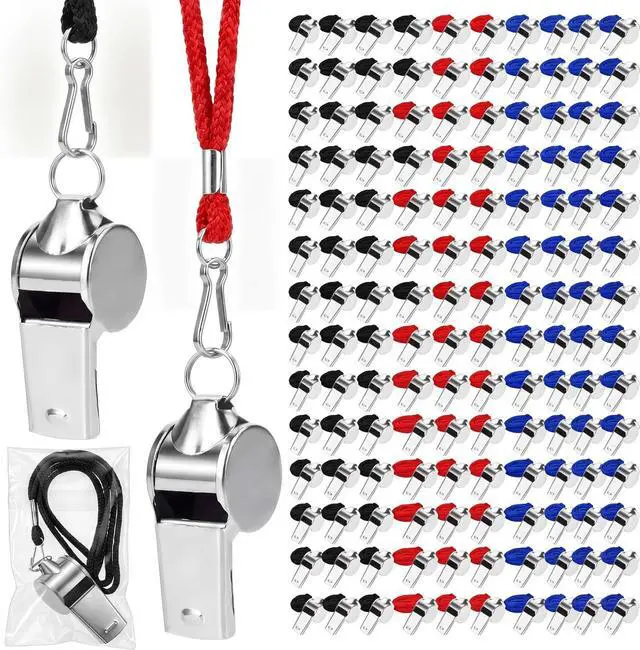 Main image of Stainless Steel Sport Whistles Bulk with Lanyard & Clip, Individually Wrapped Pre-Assembled, Loud Metal Coach Referee Whistle for Teachers, Soccer, Police, Emergency