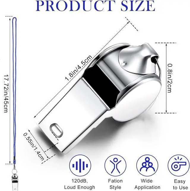 Alt view image 3 of 7 - Stainless Steel Sport Whistles Bulk with Lanyard & Clip, Individually Wrapped Pre-Assembled, Loud Metal Coach Referee Whistle for Teachers, Soccer, Police, Emergency