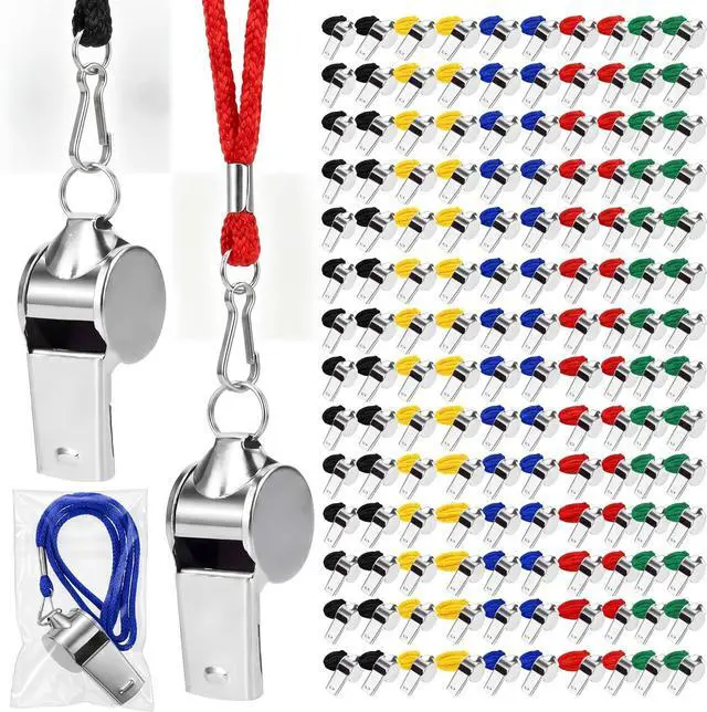 Main image of Stainless Steel Sport Whistles Bulk with Lanyard & Clip, Individually Wrapped Pre-Assembled, Loud Metal Coach Referee Whistle for Teachers, Soccer, Police, Emergency