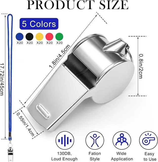 Alt view image 3 of 7 - Stainless Steel Sport Whistles Bulk with Lanyard & Clip, Individually Wrapped Pre-Assembled, Loud Metal Coach Referee Whistle for Teachers, Soccer, Police, Emergency