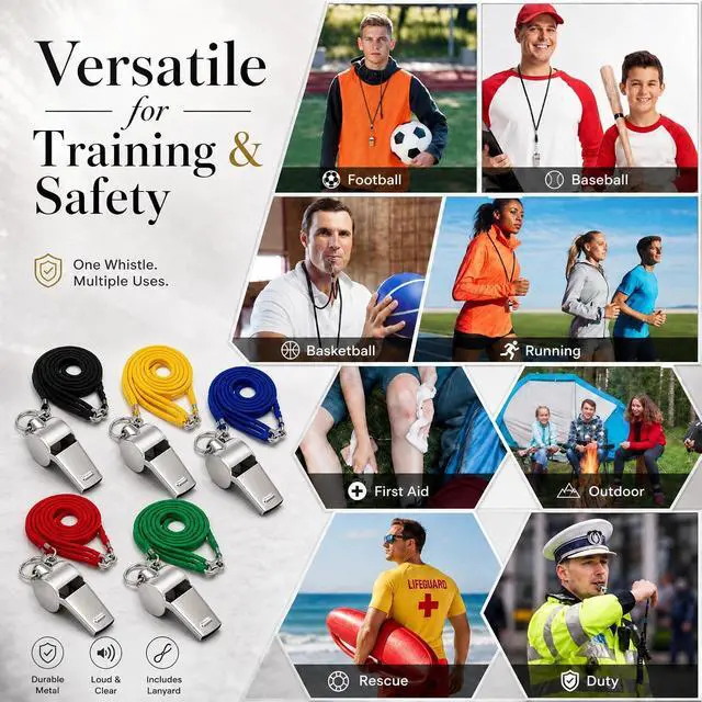 Alt view image 5 of 7 - Stainless Steel Sport Whistles Bulk with Lanyard & Clip, Individually Wrapped Pre-Assembled, Loud Metal Coach Referee Whistle for Teachers, Soccer, Police, Emergency