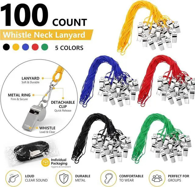 Alt view image 6 of 7 - Stainless Steel Sport Whistles Bulk with Lanyard & Clip, Individually Wrapped Pre-Assembled, Loud Metal Coach Referee Whistle for Teachers, Soccer, Police, Emergency