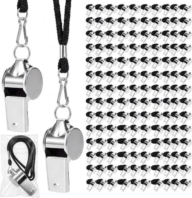 Main image of Stainless Steel Sport Whistles Bulk with Lanyard & Clip, Individually Wrapped Pre-Assembled, Loud Metal Coach Referee Whistle for Teachers, Soccer, Police, Emergency