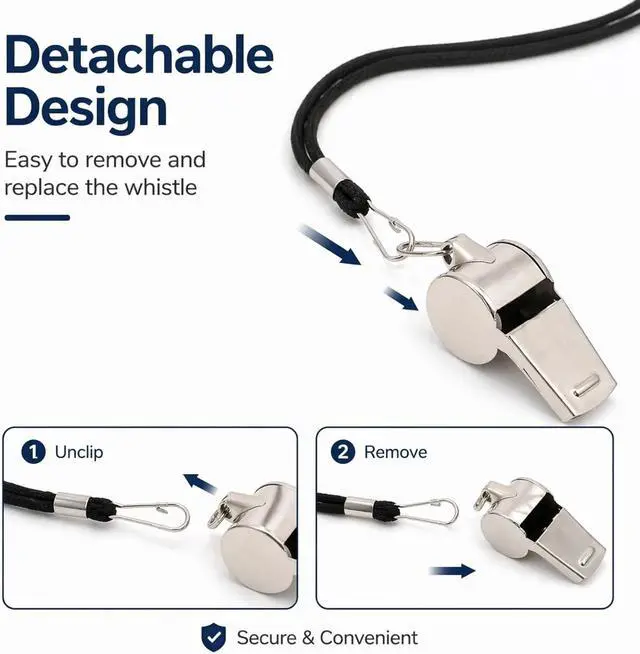 Alt view image 3 of 7 - Stainless Steel Sport Whistles Bulk with Lanyard & Clip, Individually Wrapped Pre-Assembled, Loud Metal Coach Referee Whistle for Teachers, Soccer, Police, Emergency