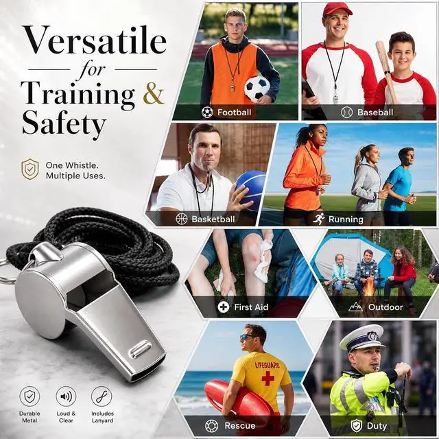 Alt view image 7 of 7 - Stainless Steel Sport Whistles Bulk with Lanyard & Clip, Individually Wrapped Pre-Assembled, Loud Metal Coach Referee Whistle for Teachers, Soccer, Police, Emergency