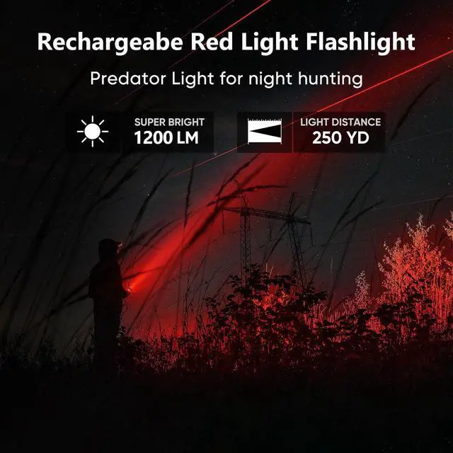 Alt view image 2 of 7 - Red Light Hunting Flashlight 1200 Lumens LED Hog Coyote Varmint Predator Light Tactical Lights Rechargeable 5 Modes with Picatinny Rail Mount, Pressure Switch