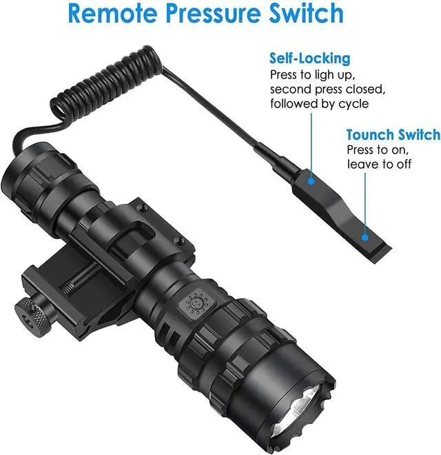 Alt view image 4 of 7 - Red Light Hunting Flashlight 1200 Lumens LED Hog Coyote Varmint Predator Light Tactical Lights Rechargeable 5 Modes with Picatinny Rail Mount, Pressure Switch