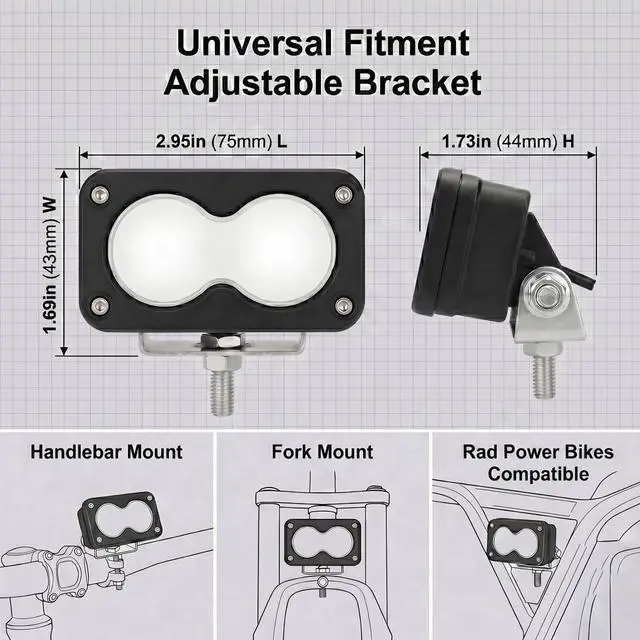 Alt view image 3 of 7 - Ebike Headlight 20W Baja Style Light for Rad Power Bikes Off-Road Pod Light with Red 2-Pin Julet Connector Plug and Play 12V-60V Waterproof Front Lamp Compatible with RadRover RadRunner