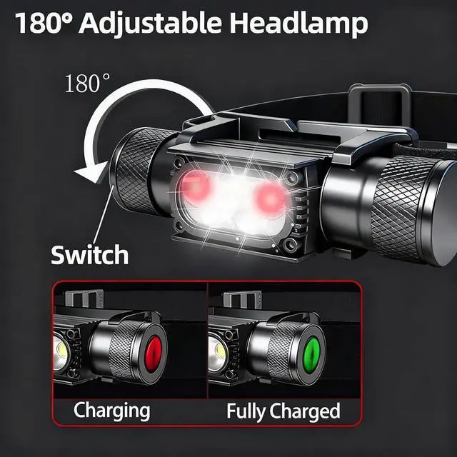 Alt view image 3 of 7 - Headlamp LED Rechargeable - 1600 Lumen Super Bright USB Rechargeable Headlight - IP65 Waterproof Head Lamp with 10 Modes for Outdoor Hiking,Camping,Fishing(H35pro-White & Red)