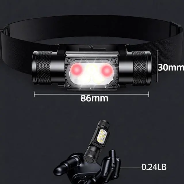 Alt view image 5 of 7 - Headlamp LED Rechargeable - 1600 Lumen Super Bright USB Rechargeable Headlight - IP65 Waterproof Head Lamp with 10 Modes for Outdoor Hiking,Camping,Fishing(H35pro-White & Red)