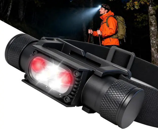 Alt view image 7 of 7 - Headlamp LED Rechargeable - 1600 Lumen Super Bright USB Rechargeable Headlight - IP65 Waterproof Head Lamp with 10 Modes for Outdoor Hiking,Camping,Fishing(H35pro-White & Red)