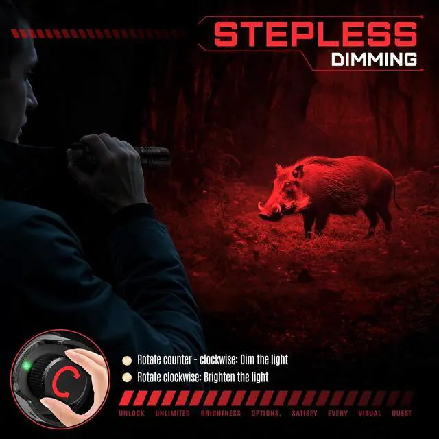 Alt view image 3 of 6 - Red Light LED Flashlight Tactical Stepless Dimming, Flood/Spot Portable Handheld Redlight for Night Hunting, Camping, Observation, Fishing, Astronomy, Rescue, Stargazin