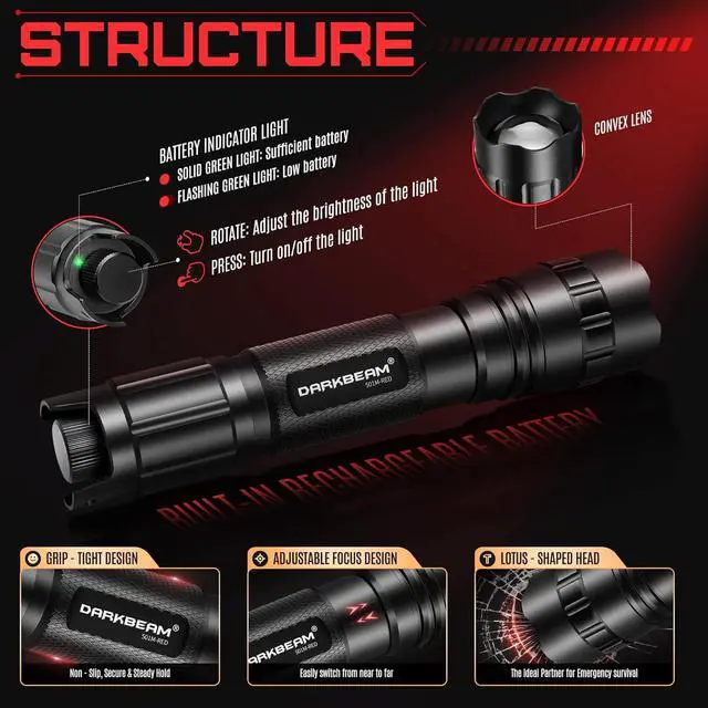 Alt view image 2 of 6 - Red Light LED Flashlight Tactical Stepless Dimming, Flood/Spot Portable Handheld Redlight for Night Hunting, Camping, Observation, Fishing, Astronomy, Rescue, Stargazin